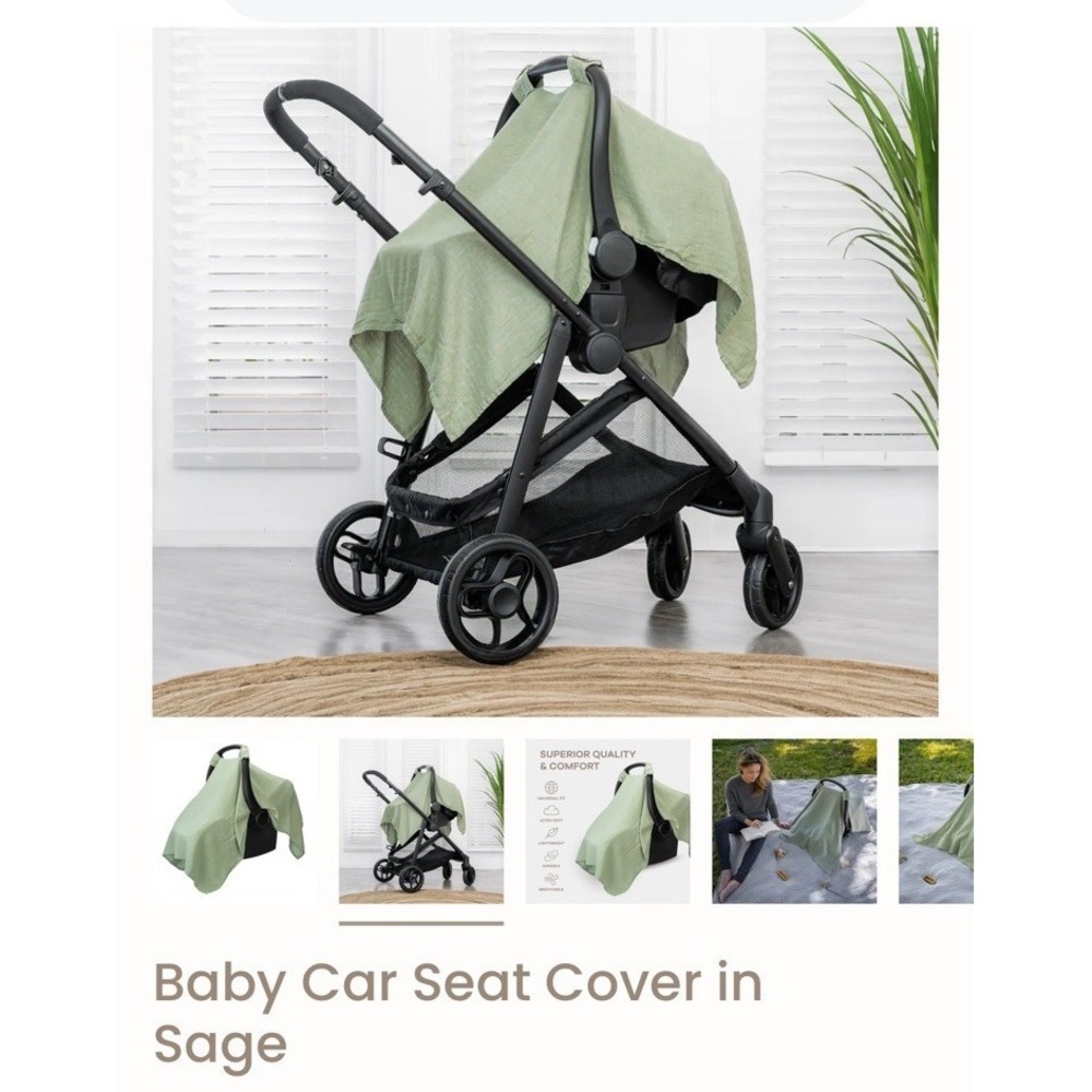 Comfy Cubs Baby Car Seat Cover - Sage; Breathable Bamboo Rayon & Muslin Cotton